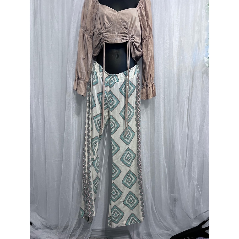 Billabong Womens Teal Ikat Diamond Print Wide Leg Smocked Waist Pants Size M